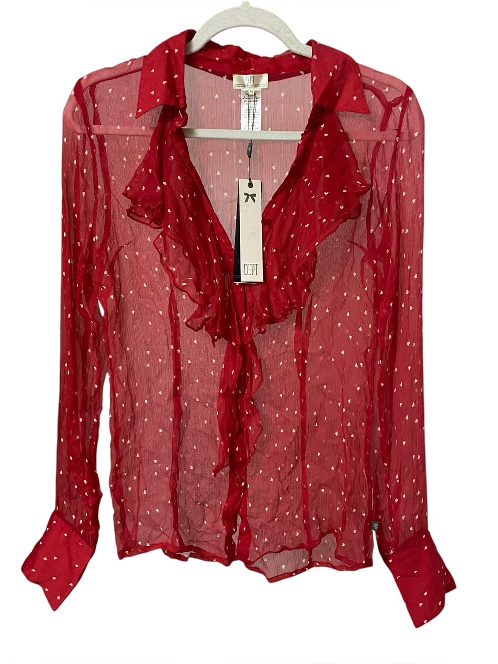 Vintage 80s red sheer chiffon ruffle button up hearts chic artsy blouse size M